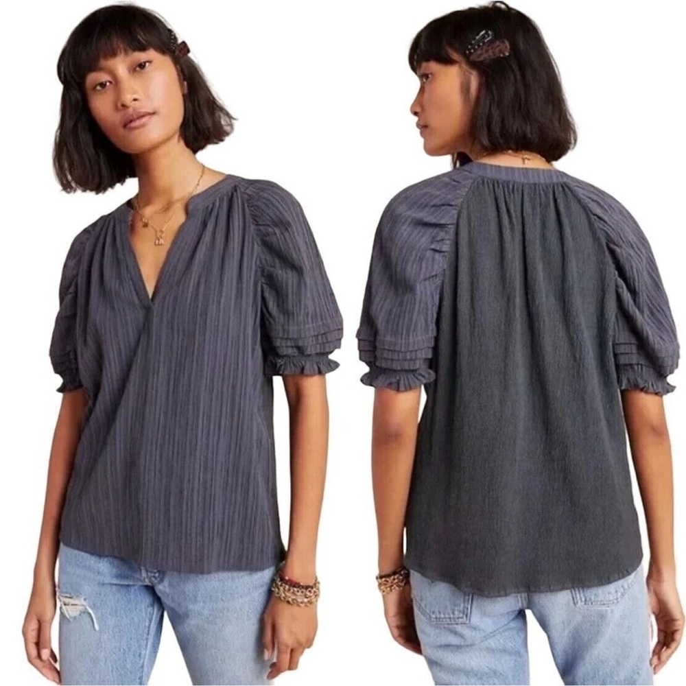 Anthropologie SP Current Air Carbon Grey Women’s Puff Sleeve Split Neck Blouse